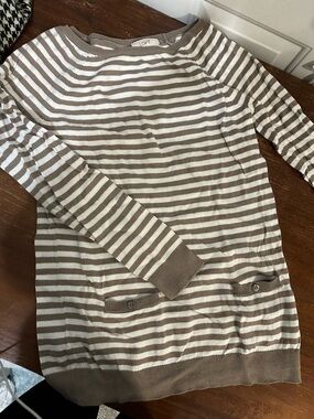 LOFT Taupe & White Striped Crewneck Sweater
